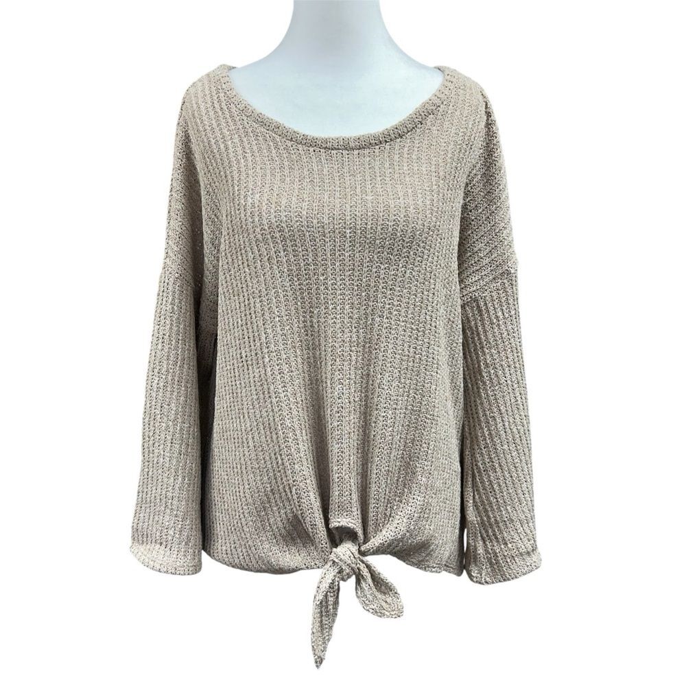 Veveret Sweater Open Knit Tie Knot Front Mini Bell Sleeve Sz S Beige